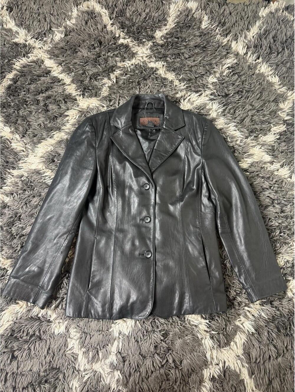 Siena Studio Black Leather Blazer Jacket Womens Size 10 Tailored 3-Button Coat